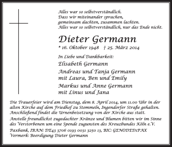 Anzeige von Dieter Germann von  Sonntags-Post 