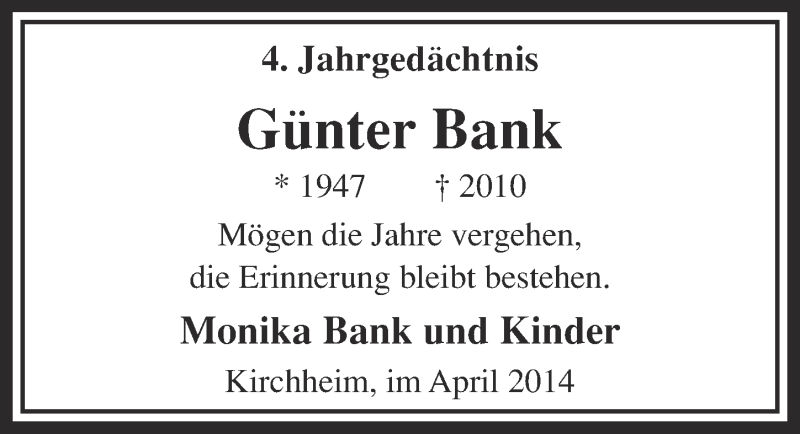  Traueranzeige für Günter Bank vom 06.04.2014 aus  Blickpunkt Euskirchen 