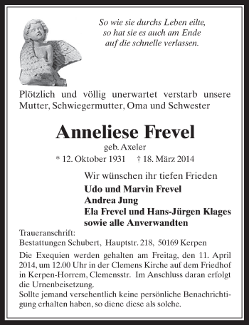 Anzeige von Anneliese Frevel von  Werbepost 