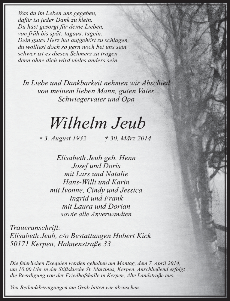  Traueranzeige für Wilhelm Jeub vom 05.04.2014 aus  Sonntags-Post 