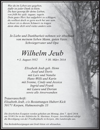 Anzeige von Wilhelm Jeub von  Sonntags-Post 
