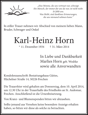 Anzeige von Karl-Heinz Horn von  Sonntags-Post 