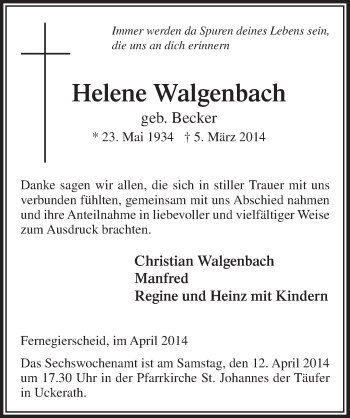 Anzeige von Helene Walgenbach von  Extra Blatt 