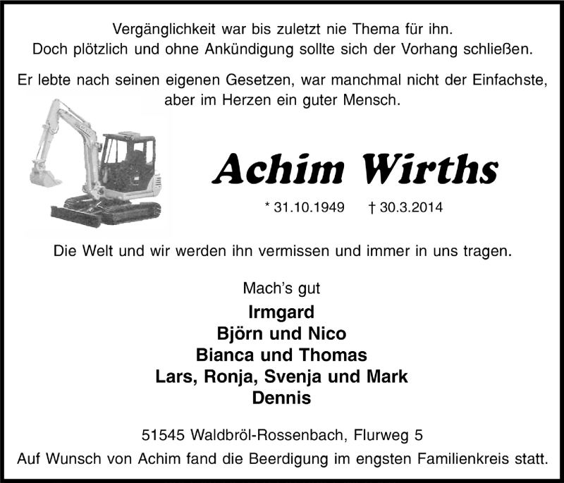  Traueranzeige für Achim Wirths vom 09.04.2014 aus  Lokalanzeiger 