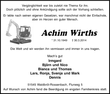 Anzeige von Achim Wirths von  Lokalanzeiger 