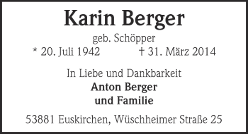 Anzeige von Karin Berger von  Blickpunkt Euskirchen 
