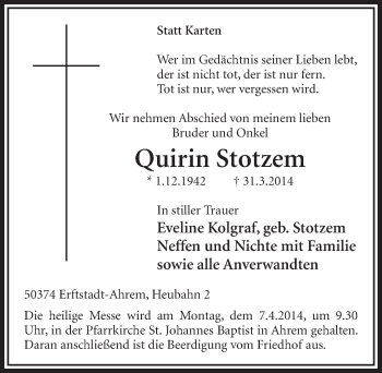Anzeige von Quirin Stotzem von  Sonntags-Post 