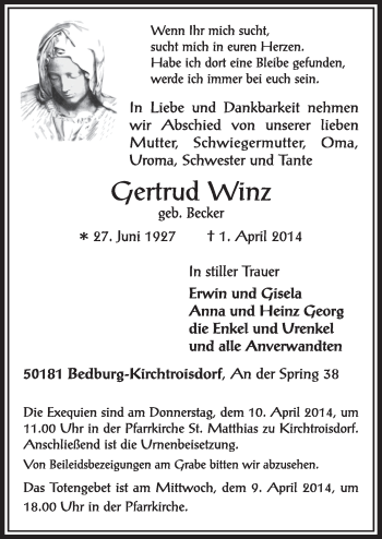 Anzeige von Qertrud Winz von  Sonntags-Post 