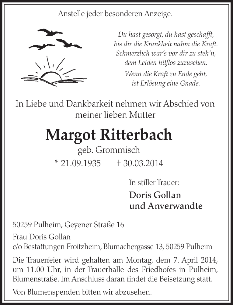  Traueranzeige für Margot Ritterbach vom 05.04.2014 aus  Sonntags-Post 