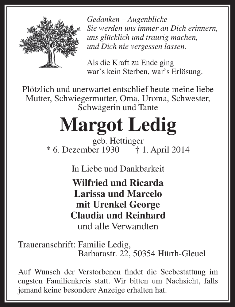  Traueranzeige für Margot Ledig vom 09.04.2014 aus  Wochenende 