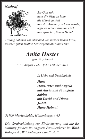 Anzeige von Anita Huster von  Anzeigen Echo 