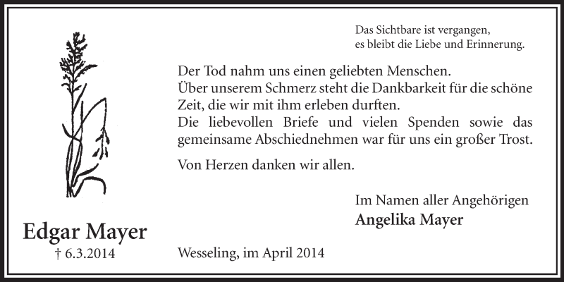  Traueranzeige für Edgar Mayer vom 09.04.2014 aus  Schlossbote/Werbekurier 