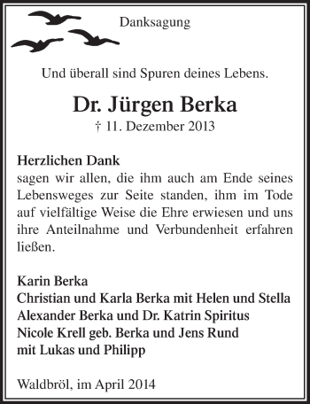 Anzeige von Jürgen Berka von  Lokalanzeiger 