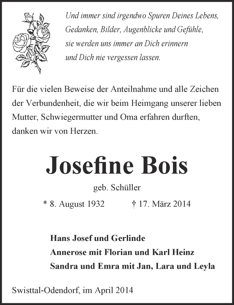  Traueranzeige für Josefine Bois vom 09.04.2014 aus  Schaufenster/Blickpunkt 