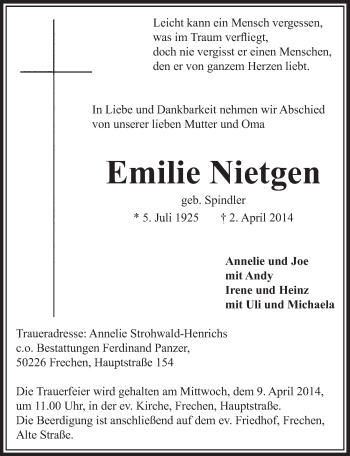 Anzeige von Emilie Nietgen von  Sonntags-Post 