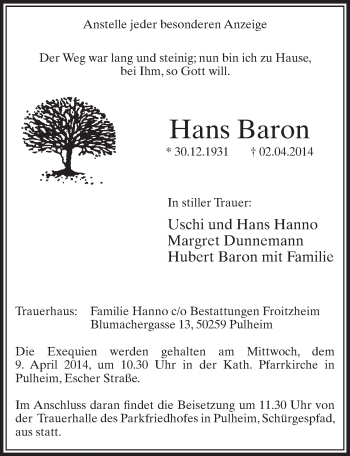Anzeige von Hans Baron von  Sonntags-Post 