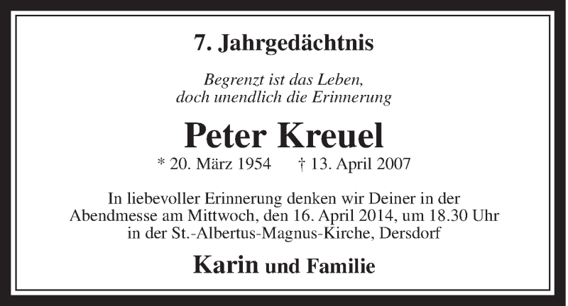 Traueranzeige für Peter Kreuel vom 09.04.2014 aus  Schaufenster/Blickpunkt 