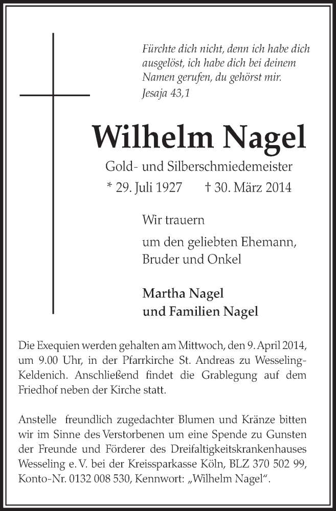  Traueranzeige für Wilhelm Nagel vom 09.04.2014 aus  Schlossbote/Werbekurier 