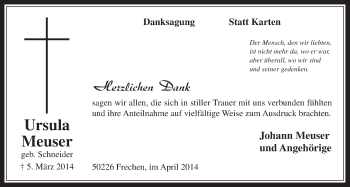 Anzeige von Ursula Meuser von  Wochenende 