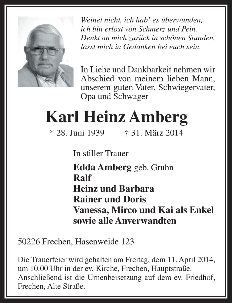  Traueranzeige für Karl Heinz Amberg vom 09.04.2014 aus  Wochenende 