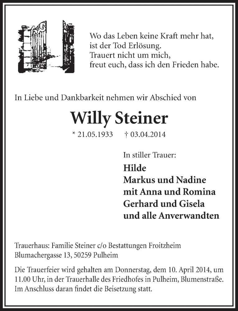  Traueranzeige für Willy Steiner vom 05.04.2014 aus  Sonntags-Post 