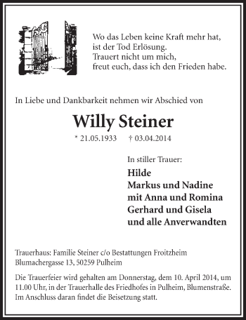 Anzeige von Willy Steiner von  Sonntags-Post 