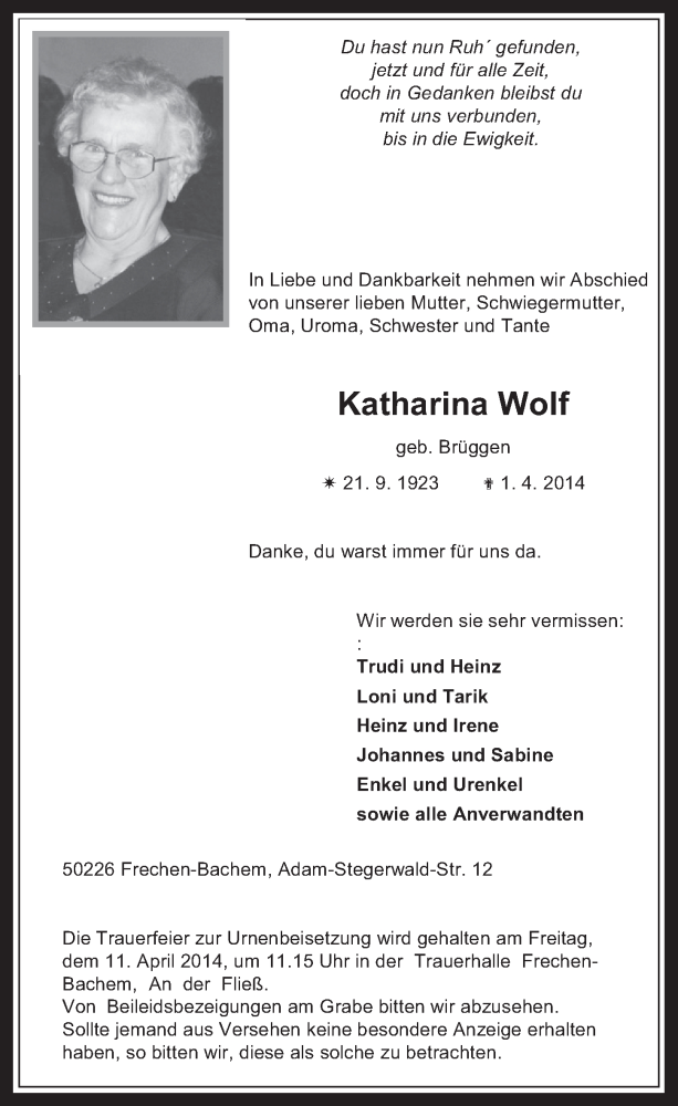  Traueranzeige für Katharina Wolf vom 09.04.2014 aus  Wochenende 