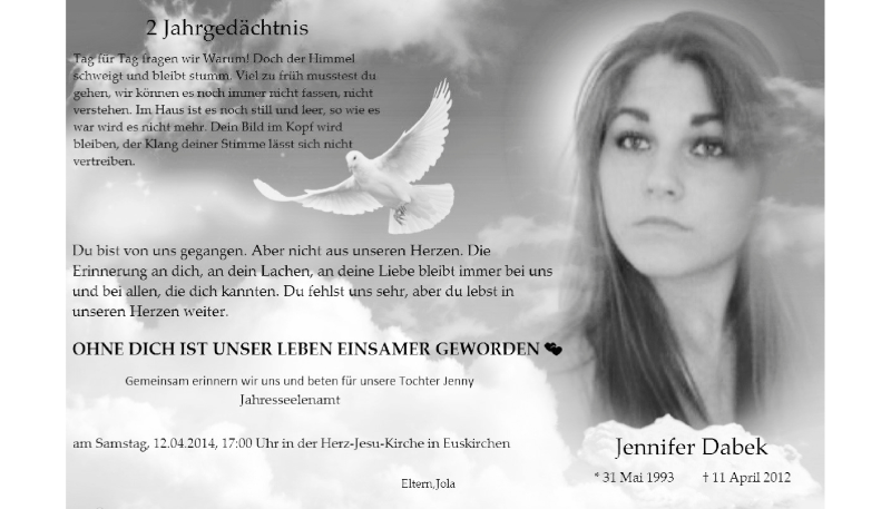  Traueranzeige für Jennifer Dabek vom 06.04.2014 aus  Blickpunkt Euskirchen 