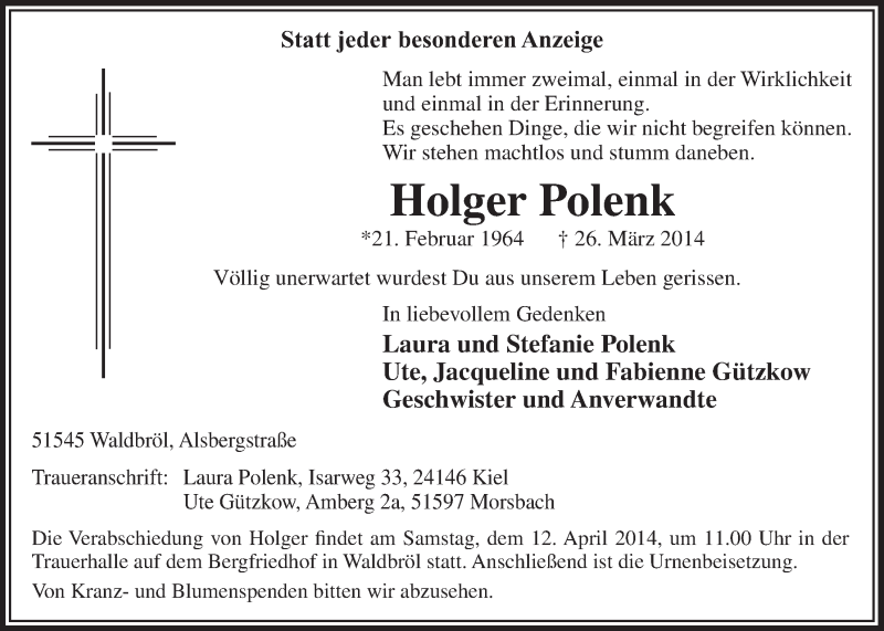  Traueranzeige für Holger Polenk vom 09.04.2014 aus  Lokalanzeiger 