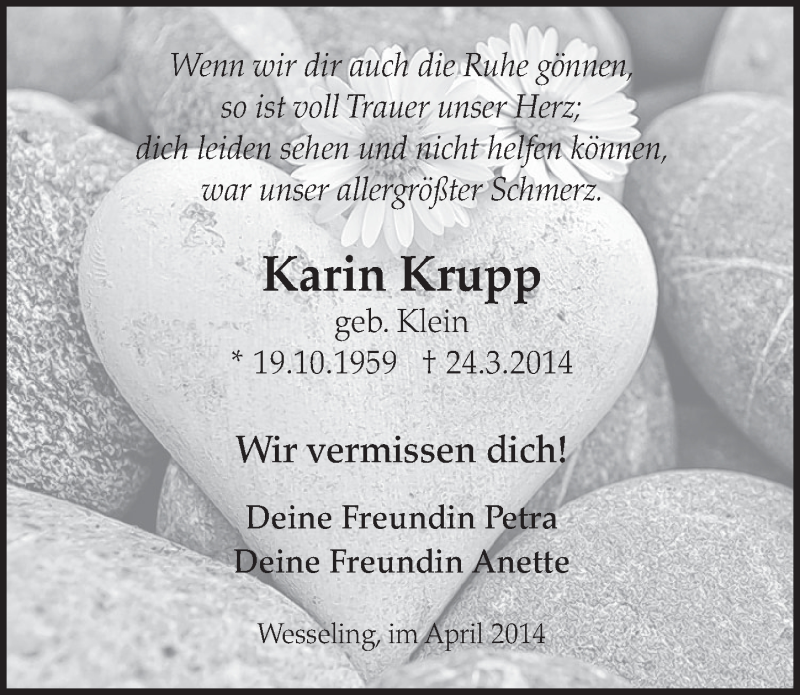 Traueranzeige für Karin Krupp vom 09.04.2014 aus  Schlossbote/Werbekurier 