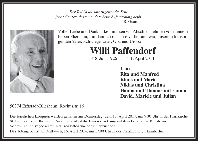  Traueranzeige für Willi Paffendorf vom 09.04.2014 aus  Werbepost 