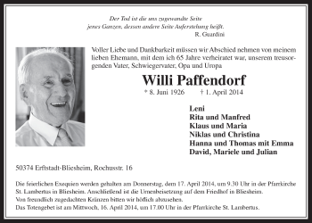 Anzeige von Willi Paffendorf von  Werbepost 