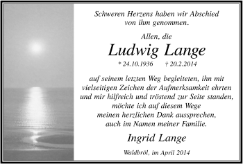 Anzeige von Ludwig Lange von  Lokalanzeiger 