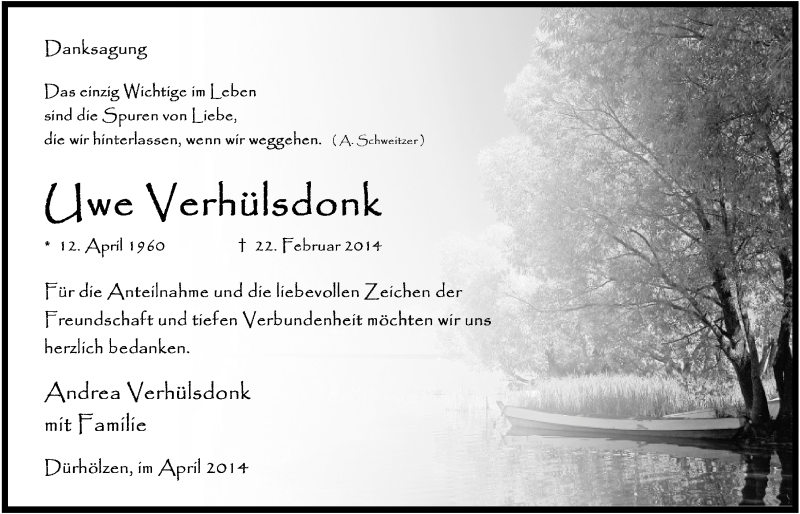  Traueranzeige für Uwe Verhülsdonk vom 09.04.2014 aus  Anzeigen Echo 