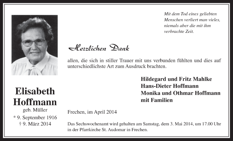  Traueranzeige für Elisabeth Hoffmann vom 09.04.2014 aus  Wochenende 