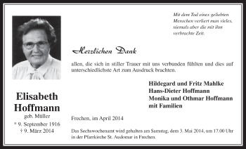 Anzeige von Elisabeth Hoffmann von  Wochenende 