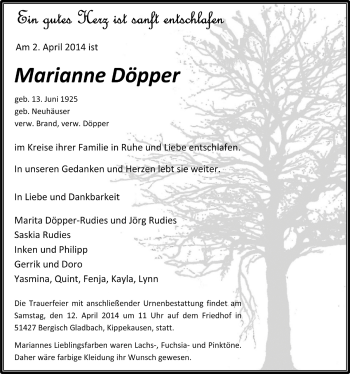 Anzeige von Marianne Döpper von  Bergisches Handelsblatt 
