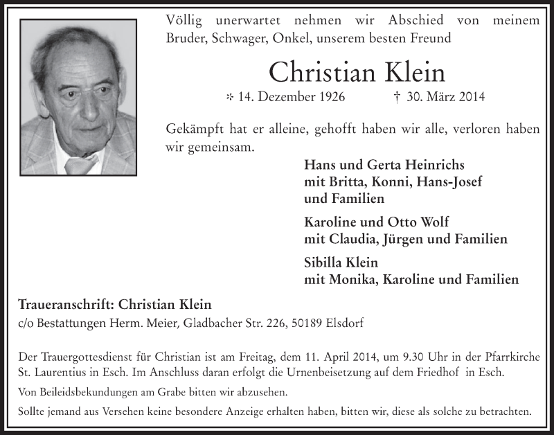  Traueranzeige für Christian Klein vom 09.04.2014 aus  Werbepost 