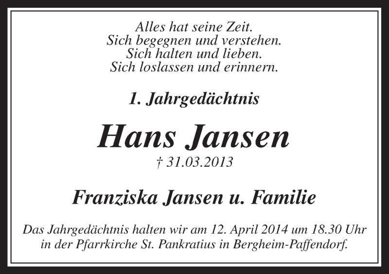  Traueranzeige für Hans Jansen vom 09.04.2014 aus  Werbepost 
