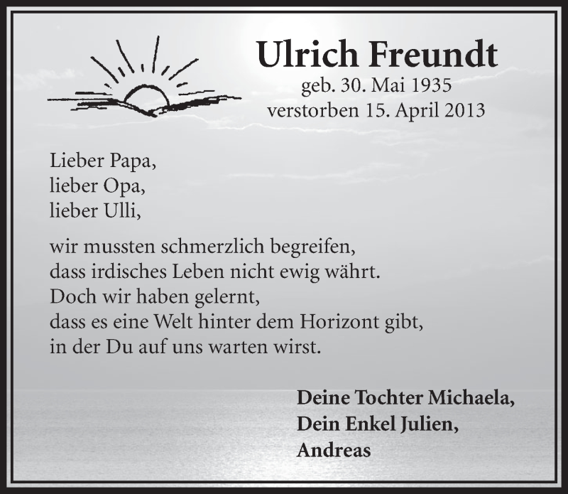  Traueranzeige für Ulrich Freundt vom 12.04.2014 aus  Sonntags-Post 