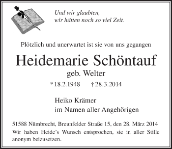 Anzeige von Heidemarie Schöntauf von  Lokalanzeiger 