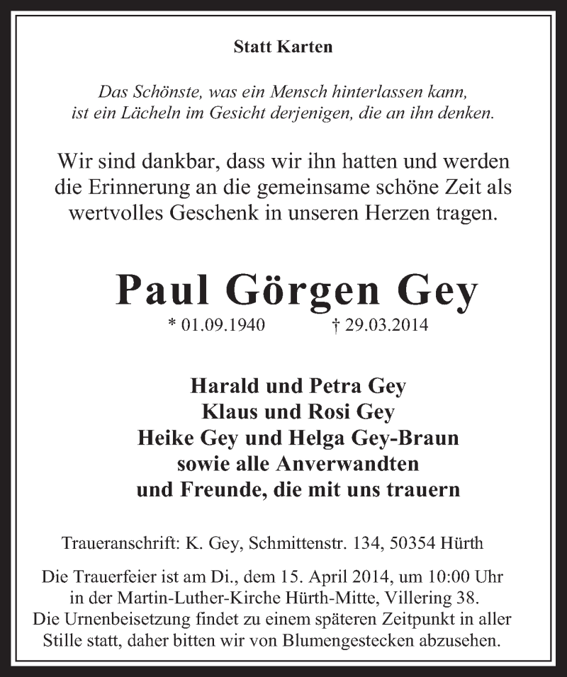  Traueranzeige für Paul Görgen Gey vom 09.04.2014 aus  Wochenende 