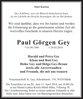 Anzeige von Paul Görgen Gey von  Wochenende 