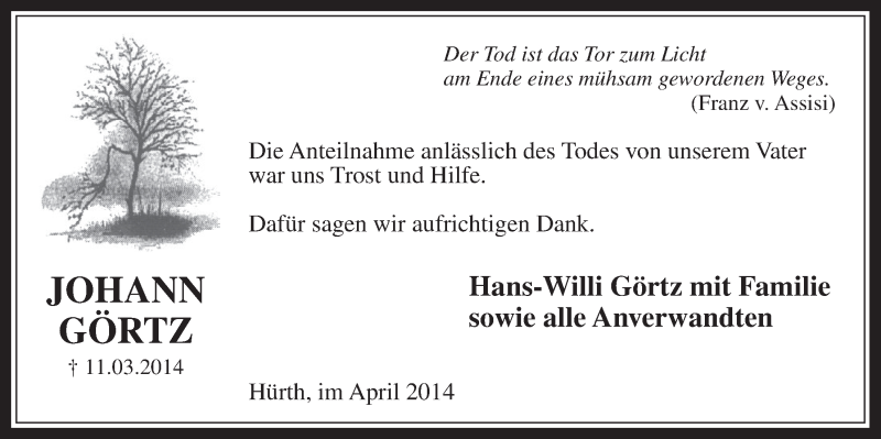  Traueranzeige für Johann Görtz vom 16.04.2014 aus  Wochenende 