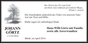 Anzeige von Johann Görtz von  Wochenende 