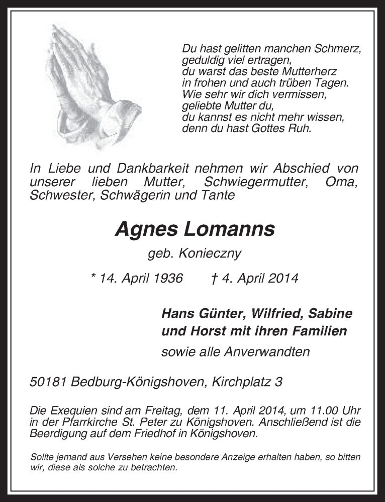  Traueranzeige für Agnes Lomanns vom 09.04.2014 aus  Werbepost 