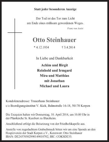 Anzeige von Otto Steinhauer von  Werbepost 