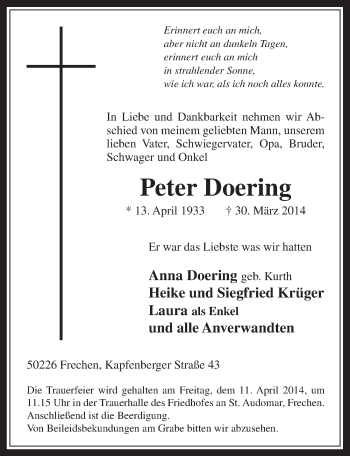 Anzeige von Peter Doering von  Wochenende 