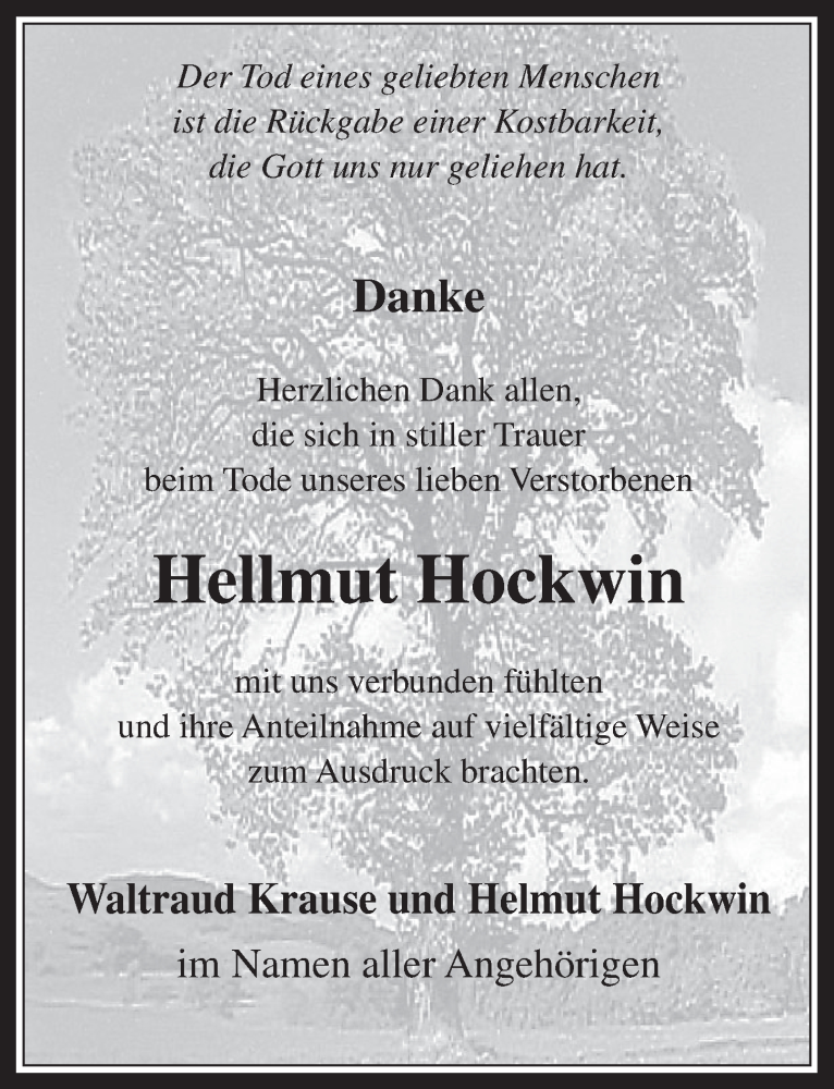  Traueranzeige für Hellmut Hockwin vom 09.04.2014 aus  Werbepost 