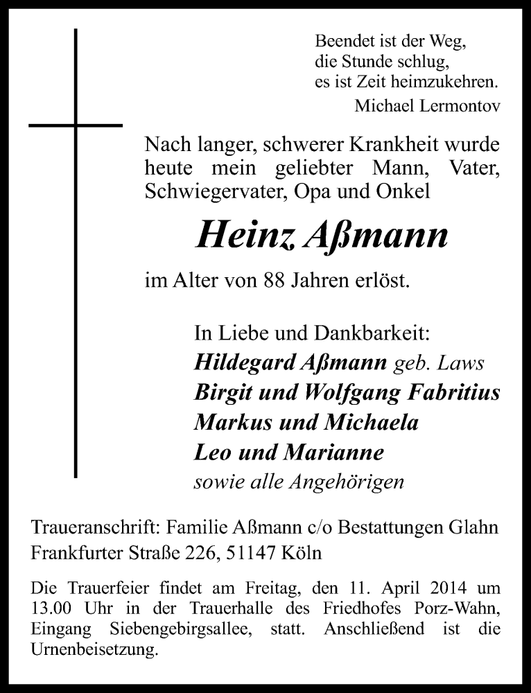  Traueranzeige für Heinz Aßmann vom 09.04.2014 aus  Kölner Wochenspiegel 